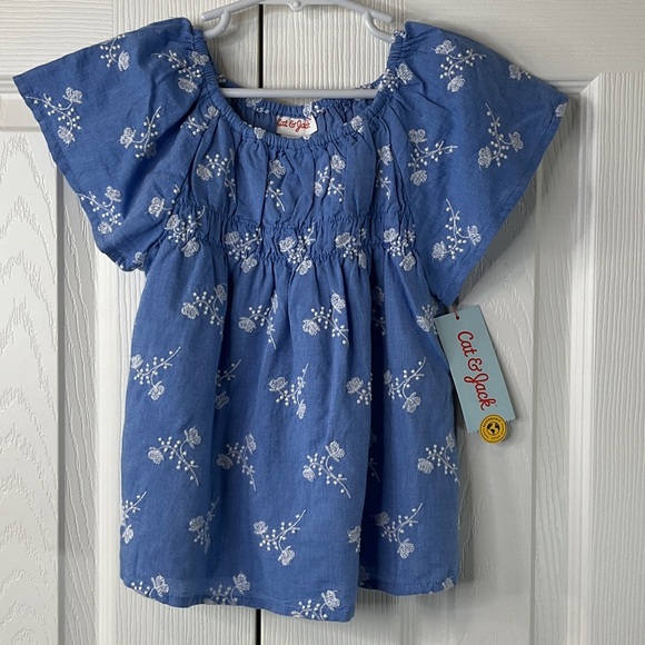 Cat & Jack Chambray Ruffle Sleeve Embroidered Blue shirt Size XS (4/5) - Picture 1 of 7